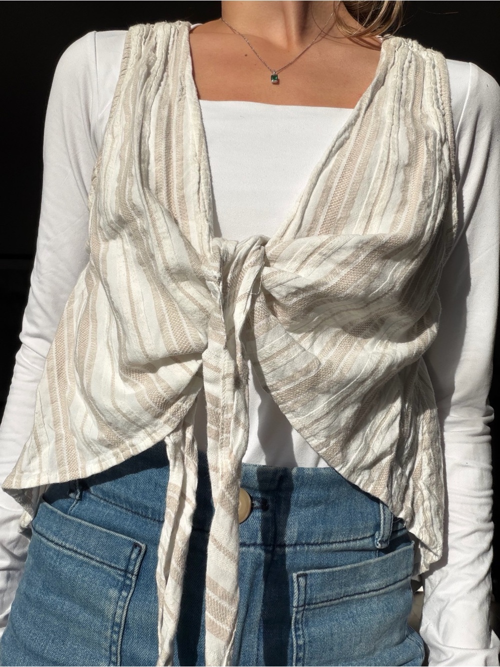 Free People Cream & Tan Striped Tie-Front Camisole